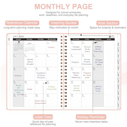 Planner 2026-2027, Weekly and Monthly Academic Year Calendar Planner, July 2026 - June 2027, Daily Agenda Book for Office School Supplies, A5(6.3'' x 8.5'') - color: C-Pink, size: 6.3"x8.5"(Jul 2026-Jun 2027)