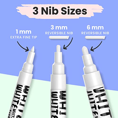 Chalkola White Chalk Markers - White Dry Erase Liquid Chalk Pens for Chalkboard, Blackboard, Window, Bistro, Car Glass, Board, Signs - Variety Pack of 6 - (2x) 1mm, 3mm & 6mm - color: White - 1mm, 3mm & 6mm (6 Pack)