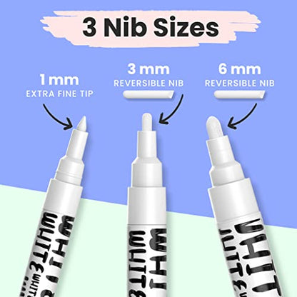 Chalkola White Chalk Markers - White Dry Erase Liquid Chalk Pens for Chalkboard, Blackboard, Window, Bistro, Car Glass, Board, Signs - Variety Pack of 6 - (2x) 1mm, 3mm & 6mm - color: White - 1mm, 3mm & 6mm (6 Pack)