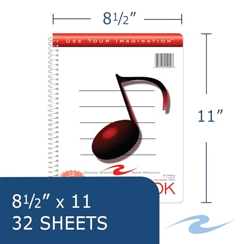 Roaring Spring Music Wire Bound Notebook, 12 Staves of Music Lines, 11" x 8.5", 32 Sheets Heavyweight Smooth White Paper (Pack of 1)