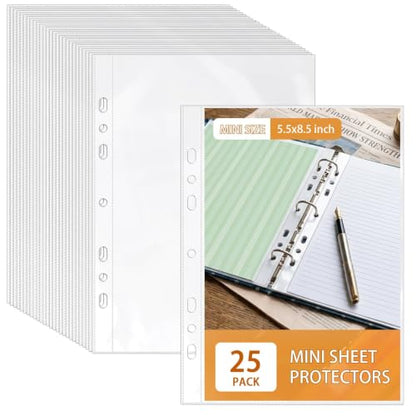 VOKOY 25 Pack 5.5x8.5 Inch Sheet Protectors for 3 or 6 Ring A5 Binder, Half Letter Size 7 Holes Mini Heavy-Duty Sheet Protector Sleeves Crystal Clear Playbill Binder Pockets - size: 5.5x8.5 Inch-1 Pocket, style: 25 Pack