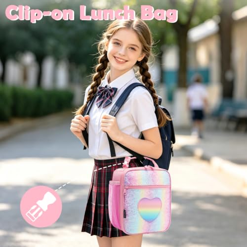 FlowFly Kids Lunch box Insulated Soft Bag Mini Cooler Back to School Thermal Meal Tote Kit for Girls, Boys, Glitter-RainBow - color: Glitter-RainBow