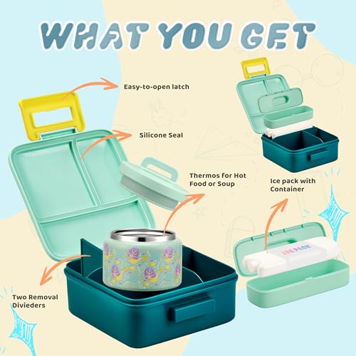 Bento Lunch Box for Kids with 8oz Soup Thermo Leak-Proof Lunch Food Containers with Snack Sauce Container for Kid Girls Boys to School - color: Yellow Mermaid