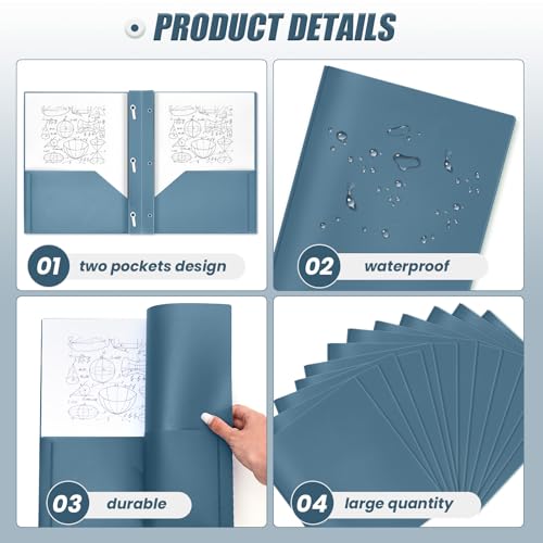 Yeaqee 80 Pcs Plastic Folders with Pockets and Prongs Plastic Folder 2 Pockets 3 Prongs with Business Card Slot Back to School Folders for Students, Teachers, Office Workers (Blue-Gray) - color: Blue Gray