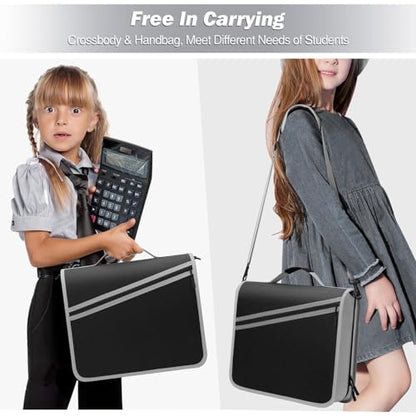 MoKo Zipper Binder with Strap, 3 Inch 3 O Ring, 600 Sheets, Black & Gray | Water-repellent Oxford fabric with 2 folders, removable file pockets, reinforced handle and adjustable shoulder strap. - color: Black & Gray