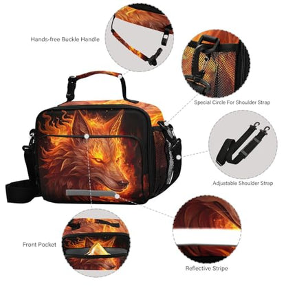 Flames Wolf Kids Lunch Box Insulated Lunch Bags Cooler Tote Bag with Removable Shoulder Strap for Boy Girl Student 20848586 - color: Wolf