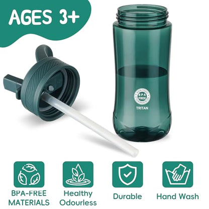 14oz Clear Kids Water Bottle with Straw Lid, BPA-Free Tritan, Measurement Scale, Sturdy Handle Wide Mouth Leak-proof Reusable Plastic Bottle for Boy& Girls, Back to School(Dark Green) - color: Dark Green