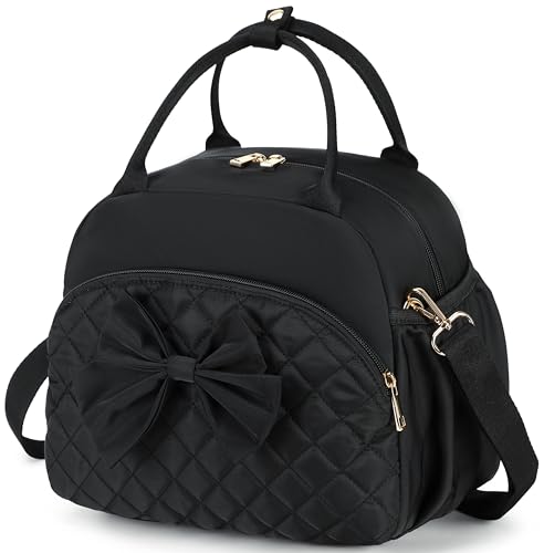 LEDAOU Lunch Box for Women, Insulated Lunch Bag Women with Adjustable Shoulder Strap, Cute Black Lunch Tote Bag for Work, Womens Lunch Bag with Bowknot, Front Zipper Pocket & Side Pockets - color: Black Bow Tie, size: Regular 9L