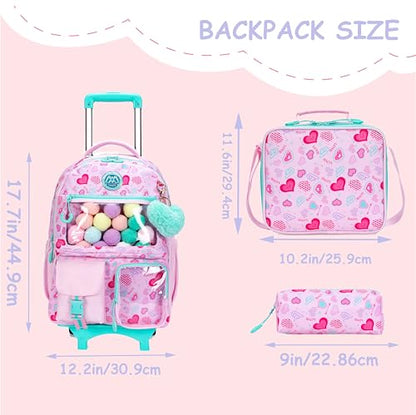 Pink Rolling Backpacks with Wheels for Girls Aesthetic Rolling Backpack for Elementary with Lunch Box School Trolley Backpack for Girls School Supplies - color: Pinklove
