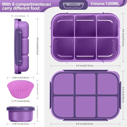 Amathley Lunch Box Kids Girls Boys,Bento Box Adult,Toddler Lunch Containers for School,Leakproof Snack Containers with 6 Compartments,Sauce Container,10 Food Picks and 4 Muffin Cups (Purple) - color: Purple