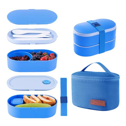 Bento Lunch Box Set -2 Stackable Adult And Women's Lunch Boxes - Including Lunch Bag, Leak Proof And Bisphenol Free A - Built-In Cutlery Set - Dishwasher Safe (Blue) - color: blue