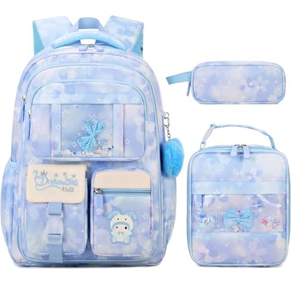 Jafeton Backpacks for Girls, Girls Backpack with Insulated Lunch Bag and Pencil Case for Kids Teens Elementary Middle High School Student, Cute Bow School Bag Travel Daypacks Book Bag Set - color: Blue