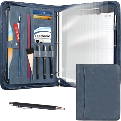 Leathario Portfolio Binder, Padfolio Organizer, 3 Ring Binder with Zipper | Includes Pen and 10 Sheet Protectors, Fits 13 in Tablet, Vegan Leather, for Business Resume Office Professional Men and Women - color: Blue