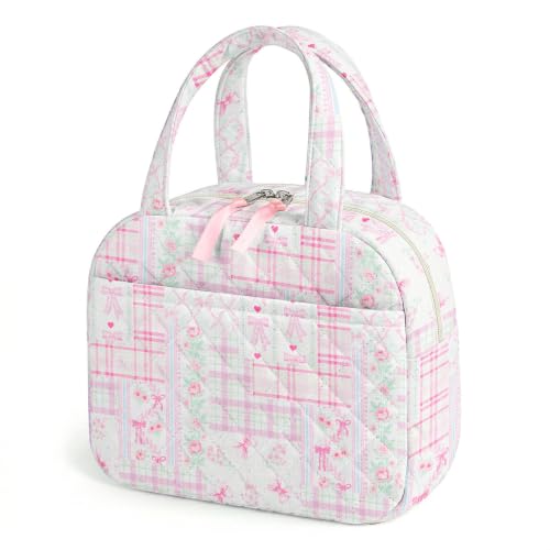 WOBAGMEN Quilted Lunch Box for Women,Coquette Aesthetic Lunch Box for Teen Girls,Cute Floral Lunch Bags for Work, School,Office,Picnic,Travel (Pink Gingham Bow) - color: Pink Gingham Bow
