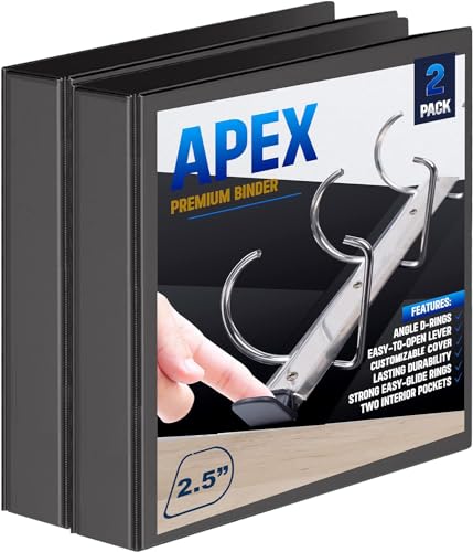 2 Pack of 2.5” Smooth Opening Angle D-Ring View Black Binders, Professional Presentation Folder for Standard Pages with Inside Pockets, and Customizable Clear View Binder PVC-Free