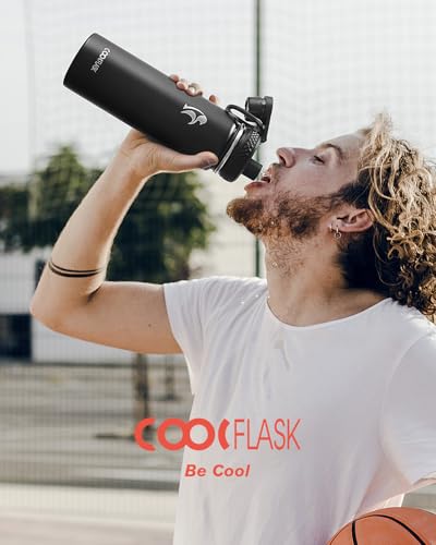 Coolflask 24 oz Insulated Water Bottle with Straw & 3 Leakproof Lids | Water Flask Stainless Steel Triple-Wall Vacuum, Cupholder Friendly, Cold 48+h, Dishwasher Safe, Non-BPA, for Gym & Hiking - color: Magic Black, size: 24 Ounces