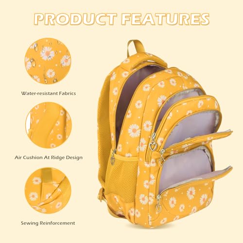 Glodwheat Daisy Printed Backpack For Girls- 3Pc Set With Lunch Box & Pencil Case, Lightweight Water-Resistant Bookbag For Elementary School - color: Lemon