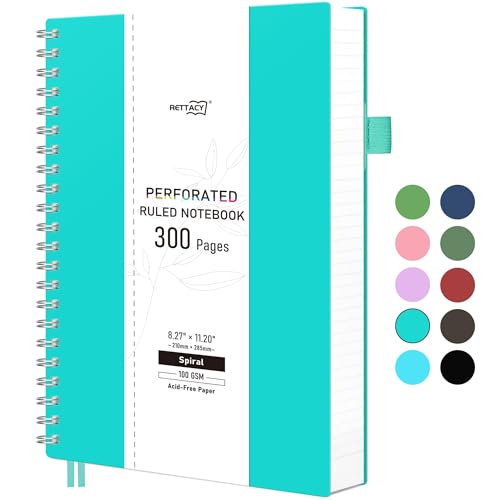RETTACY Spiral College Ruled Notebook, 300 Perforated Pages (8.2" x 11.2") | 100 GSM Thick Paper, Flexible Plastic Cover, for School, Work, Writing, Journaling (Tiffani Blue) - color: Tiffani Blue