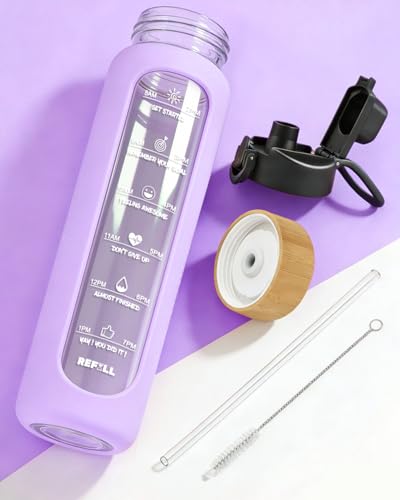 Nefeeko 32 oz Glass Water Bottles with Straw, Motivational Glass Water Bottle with Time Marker, 1 Liter BPA FREE Leakproof Reusable Glass Water Bottle with Silicone Sleeve, Bamboo Lid, Spout Lid - color: Purple