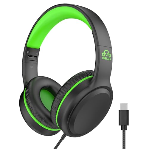UKELALA Wired Headphones with Type C Cable for Boys Girls Kids Youth, USB-C Headphones Lightweight Portable Compatible with Pad Phone for Adults Student Children Black Green - color: Black/Green