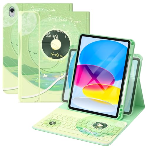 YBING Keyboard Case for iPad 10th Gen 10.9 inch (2022) & 11th Gen (A16, 2025), Bluetooth Wireless Detachable Keyboard with Green Music Painted Patterns, 360 Rotatable Magnetic Case with Pencil Holder - color: Music Green