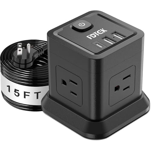 Extension Cord 15 ft, FDTEK Flat Plug Power Strip with 4 Widely Spaced Outlet with 3 USB, Extension Cord with Multiple Outlets for Indoor Home Office, Dorm Room Essentials - color: Black, size: 15FT