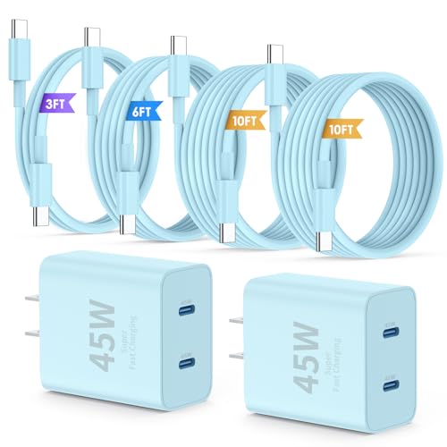 QZIIW iPhone 16 15 Pro Max Charger Fast Charging,45W Dual Port USB C Fast Charger Block [2-Pack] & Extra Long 60W 3/6/10/10FT USB C Cable - PD Quick Adapter 3.0 for iPhone 16 15/16 15Pro/16 15 Plus. - color: Blue, size: 3FT+6FT+10FT+10FT