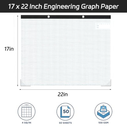 Thboxes 1 Pack 22"x17" Engineering Graph Paper 50 Sheets 4x4 Quad Ruled | Easy Tears Off Grid Paper Pad, Giant Drafting Pad for Office School Engineer Architect Designer Mathematician Draftsman