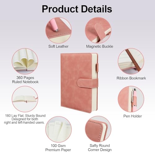 A5 Leather Journal for Women Men, Hardcover Notebook Set with Pen, Pink | 360 Pages 100GSM Lined Paper, Includes 6 Heart Bookmarks, Gift Box & Bag. Birthday, Graduation, Christmas, Appreciation Gifts