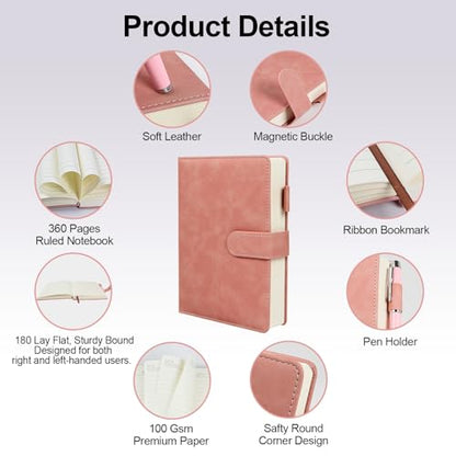 A5 Leather Journal for Women Men, Hardcover Notebook Set with Pen, Pink | 360 Pages 100GSM Lined Paper, Includes 6 Heart Bookmarks, Gift Box & Bag. Birthday, Graduation, Christmas, Appreciation Gifts