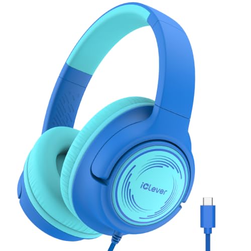 iClever C371 USB C Kids Headphones with Cord for School Boys Girls Travel | SafeSound Tech3.0, Stereo Sound, Foldable, Durable Headband, Lightweight, Safe Wired Headphones for Kids, Ocean Blue - color: Ocean Blue