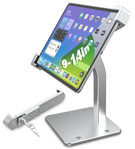 Heavy-Duty iPad Kiosk Stand with Lock and Key Mechanism, Anti Theft Desktop Tablet Security Stand, Fits 9-14" Tablets, 360° Rotation Retail POS Tablet Stand for Business & Commercial Use