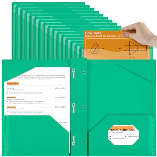 Henoyso 48 Pcs Plastic Folder with Clear Front Pocket and 3 Prongs Heavy Duty Plastic Folders with Card Slot Pocket Folders with Prongs for School Office Home(Green) - color: Green