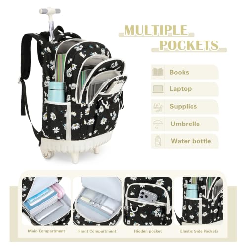DIGOBAY Rolling Backpack for Girls, Cute Girls Backpack with Wheels, Kids Wheeled backpacks Set with Lunch Bag Pencil Case for Teen Girl, Roller School Bag with Wheels for Elementary Middle School - color: Black Daisy