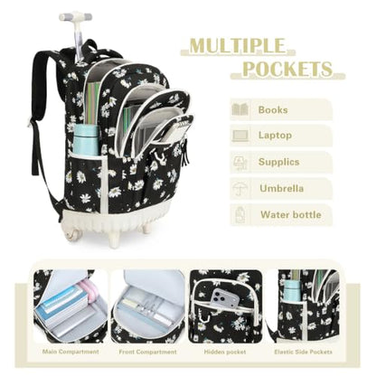 DIGOBAY Rolling Backpack for Girls, Cute Girls Backpack with Wheels, Kids Wheeled backpacks Set with Lunch Bag Pencil Case for Teen Girl, Roller School Bag with Wheels for Elementary Middle School - color: Black Daisy