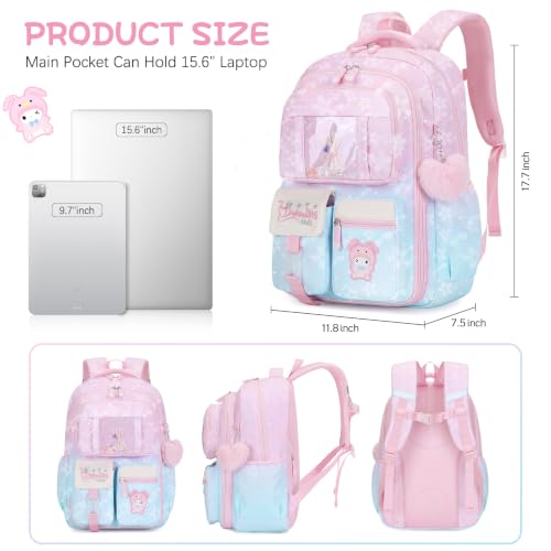 Jafeton Backpacks for Girls, Girls Backpack with Insulated Lunch Bag and Pencil Case for Kids Teens Elementary Middle High School Student, Cute Bow School Bag Travel Daypacks Book Bag Set - color: Pink Blue