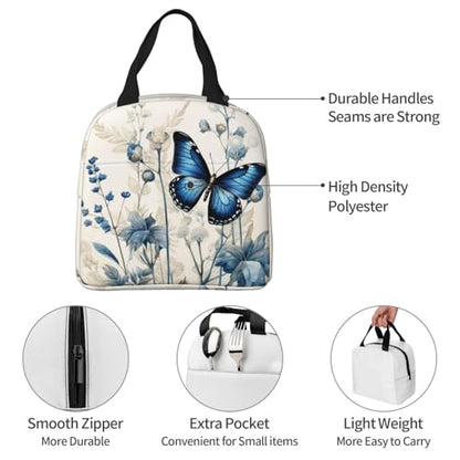 Lunch Bag Butterfly Blue Flower Boho Insulated Lunch Box Reusable Cooler Tote for Adults Student Girl Boy Work Office School Picnic Over 3 Years Old - color: B0388