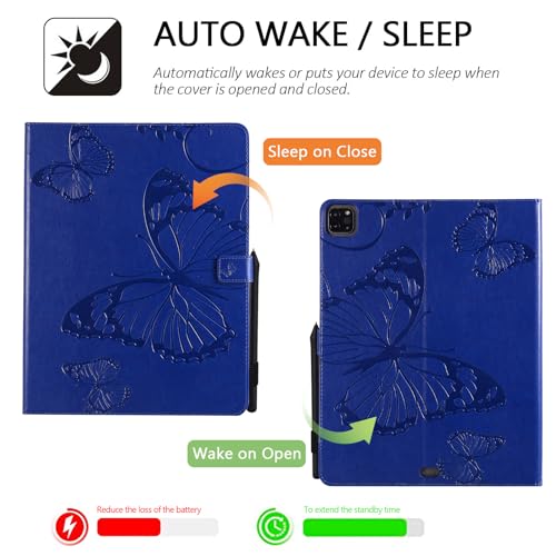 Dteck Wallet Case for iPad Air 13 Inch M2 2024 & iPad Pro 12.9 2022/2021/2020/2018 with Pencil Holder,Embossed Butterfly Auto Sleep/Wake PU Leather Smart Stand Girls Cute Folio Pocket Cover,Blue - color: 10 Blue