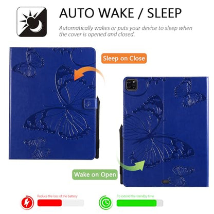 Dteck Wallet Case for iPad Air 13 Inch M2 2024 & iPad Pro 12.9 2022/2021/2020/2018 with Pencil Holder,Embossed Butterfly Auto Sleep/Wake PU Leather Smart Stand Girls Cute Folio Pocket Cover,Blue - color: 10 Blue