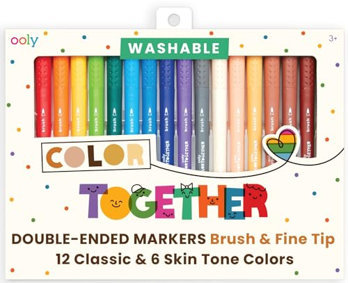 Ooly Color Together Dual Tip Markers, 18 Colors | Ages 3+, 12 Bright and 6 Skin Tone Colors, Brush and Point Tip on Each Marker, Art Supplies and Stationery for Kids - color: Classic and Skin Tones