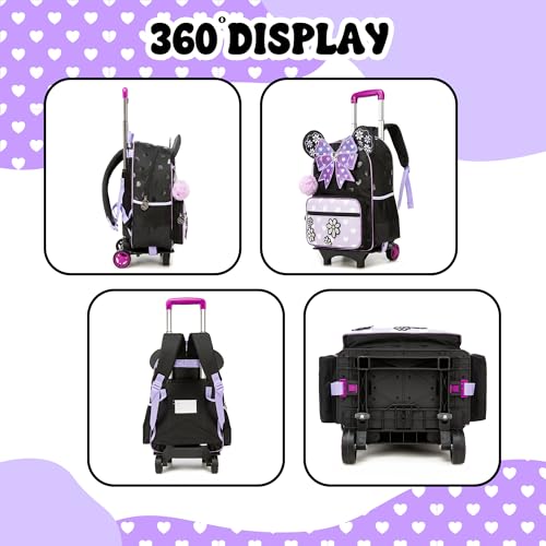 Meetbelify Girls Rolling Backpack with Wheels Kids Wheels Backpack for Girls - color: Bowknot Purple
