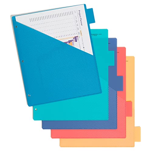 U Brands Poly Performance 5-Tab Dividers with Pockets, Set of 15, Assorted Brights, 3-Hole Punched - color: Brights
