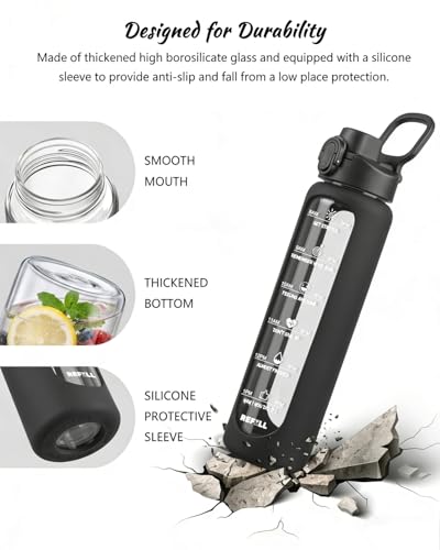 Nefeeko 32 oz Glass Water Bottles with Straw, Time Marker, Motivational 1 Liter BPA FREE Leakproof Reusable Glass Water Bottle with Silicone Sleeve, Bamboo, Spout Lid - color: Black
