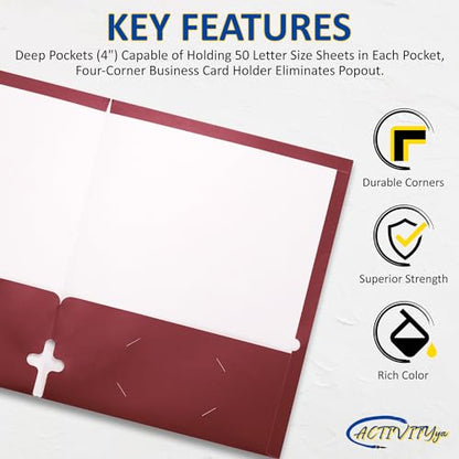 10 Pack Two Pocket Folders, Burgundy, Strong Thick Paper Folders, for Letter Size, by ACTIVITYya - color: Burgundy
