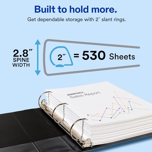 Avery Showcase Standard View 3 Ring Binder, 2" Slant Rings, 530-Sheet Capacity, 2.8 Inch Wide Spine, 1 Black Binder, Ideal for Lightweight Organization and Occasional Referencing (19700) - size: 2"