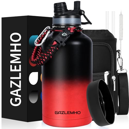 GAZLEMHO 1 Gallon Water Bottle Insulated 128oz Stainless Steel Jug | Leak Proof Metal Canteen with Straw Spout 2-in-1 Lid, Sleeve, Paracord Handle, Silicone Boot for Gym Sports, Black Red - color: Ice Coke, size: 128 Ounces