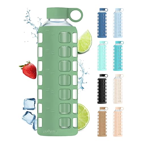 purifyou 40oz / 32oz / 22oz / 12oz Borosilicate Glass Water Bottle with Time & Volume Markers, Silicone Sleeve, Stainless Steel Lid | Reusable Glass Bottle for Water & Juice (40oz Shale Green) - color: Shale Green (1 Count), size: 40 Ounces