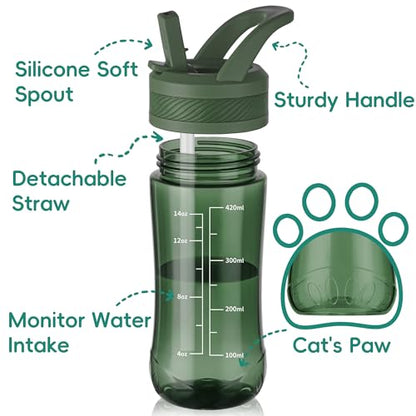 14oz Clear Kids Water Bottle with Straw Lid, BPA-Free Tritan, Measurement Scale, Sturdy Handle Wide Mouth Leak-proof Reusable Plastic Bottle for Boy& Girls, Back to School（Army Green） - color: Army Green