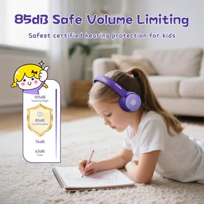 S62 Kids Bluetooth Headphones On Ear, Wireless Headset with Mic & 85/94dB Volume Limiter, Foldable Stereo Headphones for Boys Girls, Safe Learning & Entertainment Headphones for School/Travel - color: Purple