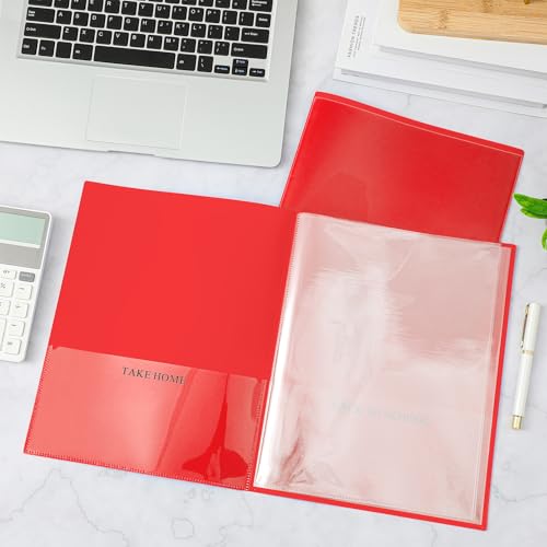 Henoyso 48 Pcs Red School and Home 2 Pocket Folders with 4 Clear Inner Pockets Plastic Heavy Duty Homework Folders Parent Teacher Communication for Student Home Office Classroom,11 x 9 Inch - color: Red